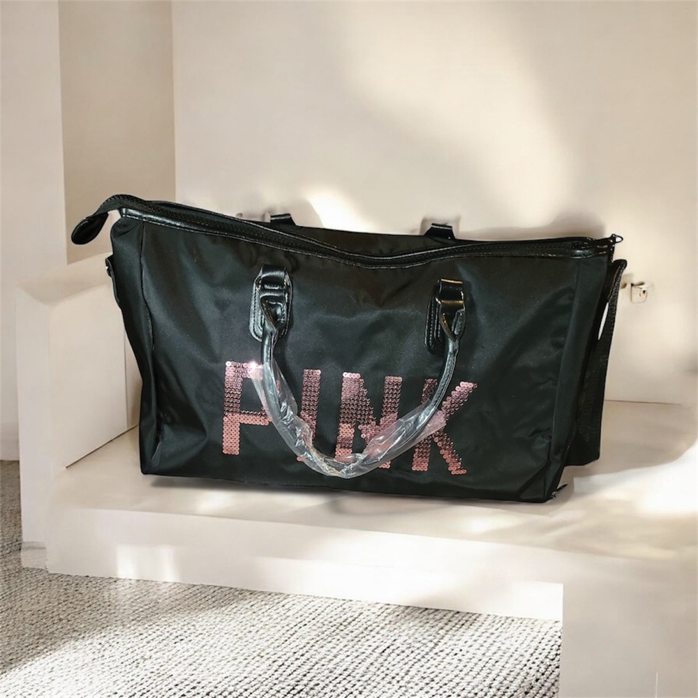 Chic Black Travel Bag with Pink Lettering